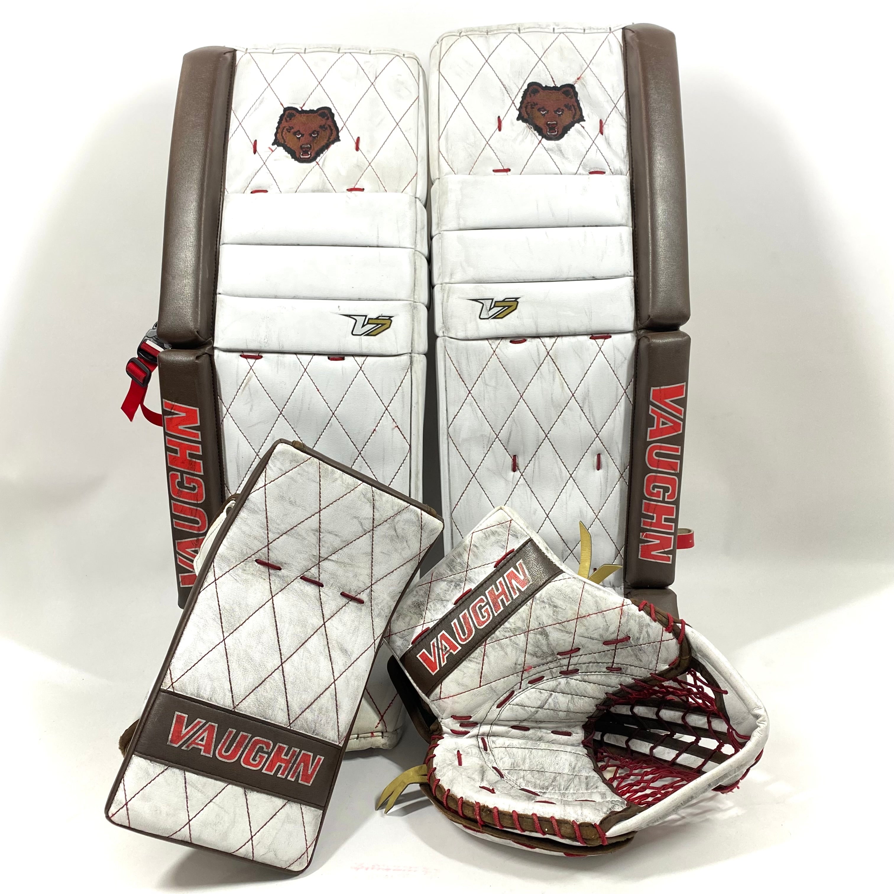 Vaughn Velocity V7 - Jambières de gardien de but Pro Stock d'occasion - Ensemble complet (blanc/marron/rouge)